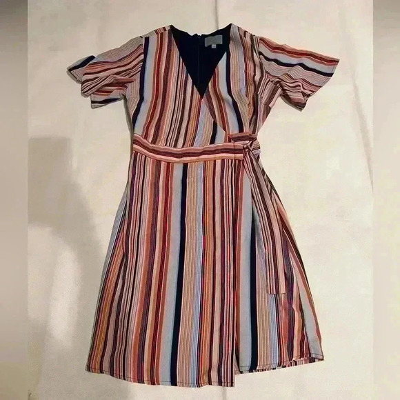 SKIES ARE BLUE Womens Medium Multicolor Vertical‎ Striped Wrap Dress 6 Y2K - Picture 1 of 4